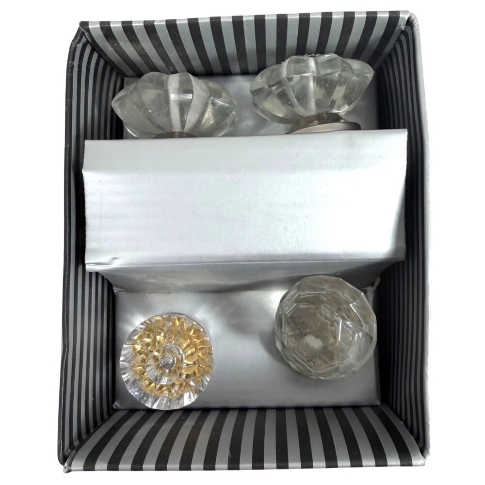 Vintage Style Glass Cabinet Knobs Drawer Pulls Set Of 4 w/ Silver Gold Accents